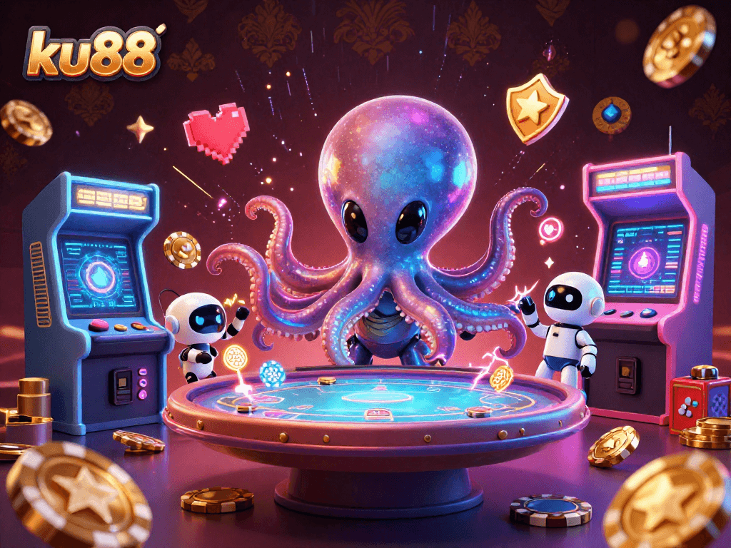 ku88 alien octopus playing poker at a floating table with a robot, a vibrant casino scene
