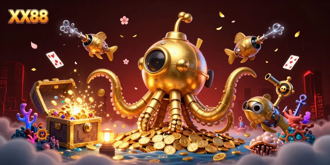 Experience adventure with XX88's golden kraken submarine amidst a treasure-filled casino scene.