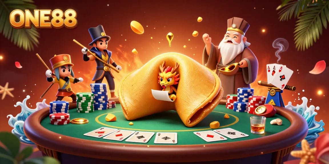 Experience the enchanting ONE88 world of fortune cookies and poker in a vibrant casino scene.