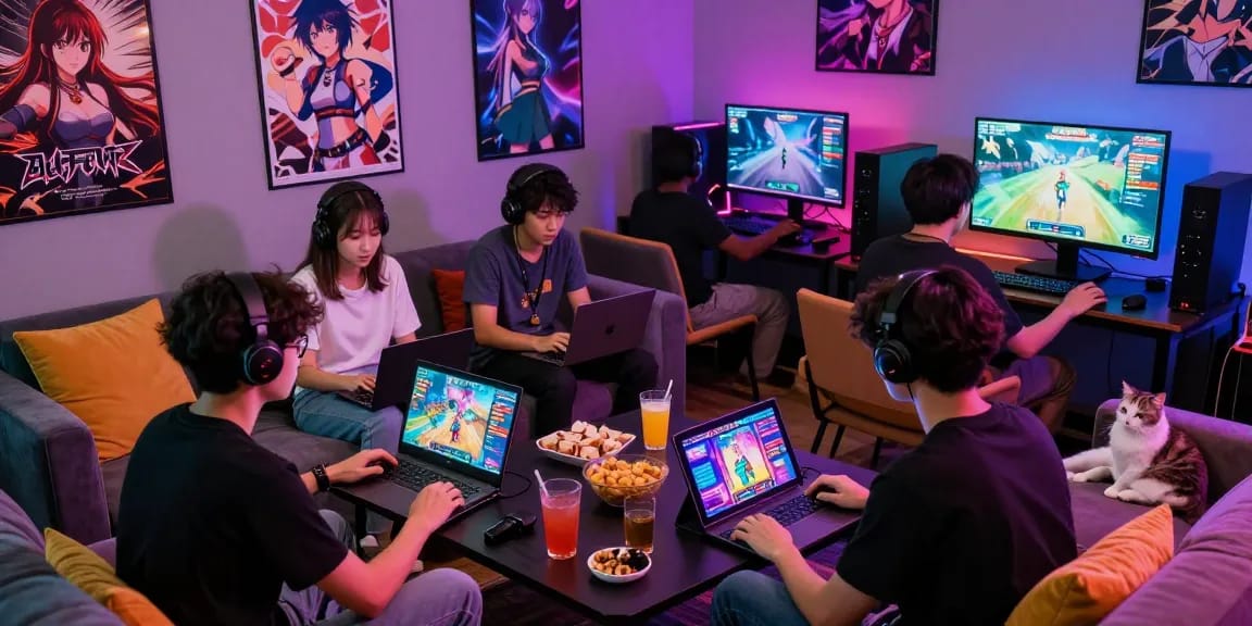 Group of friends enjoying a fun gaming session with colorful hentai games in a vibrant lounge.