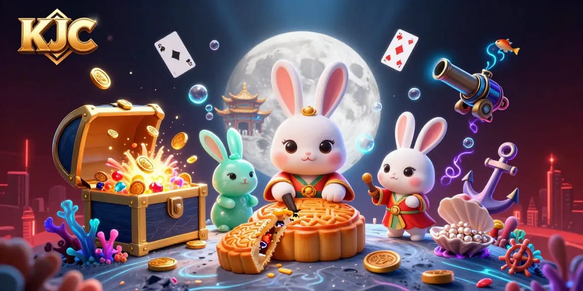 KJC's exciting moon rabbit scene reveals poker chips among treasures, showcasing lively gambling elements.