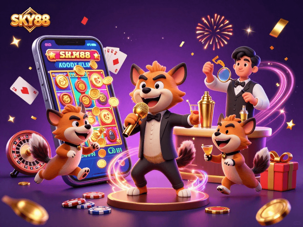 SKY88 hyenas in a comedy casino club, engaging with slots and poker elements.