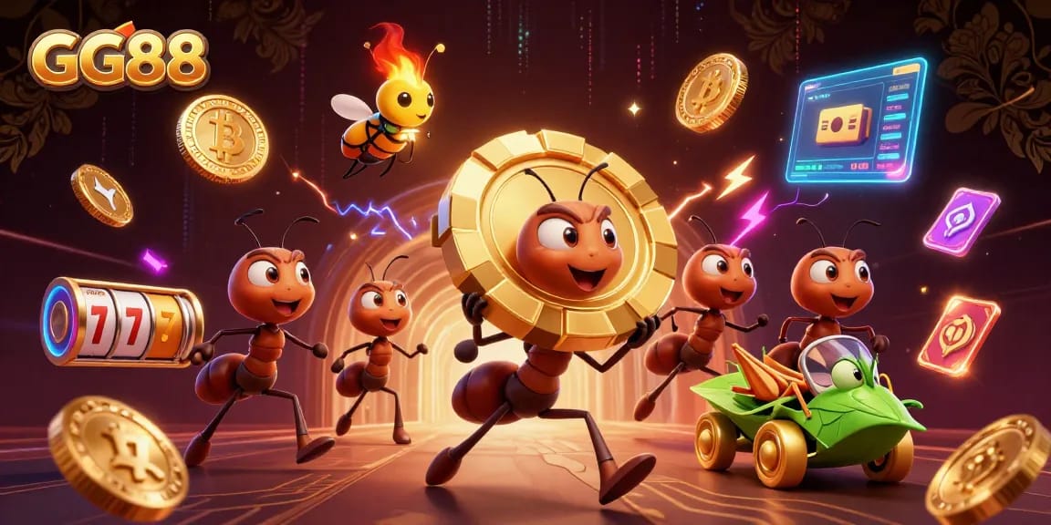 GG88 heist scene with cartoon ants showcasing luck and excitement in a vibrant casino atmosphere.
