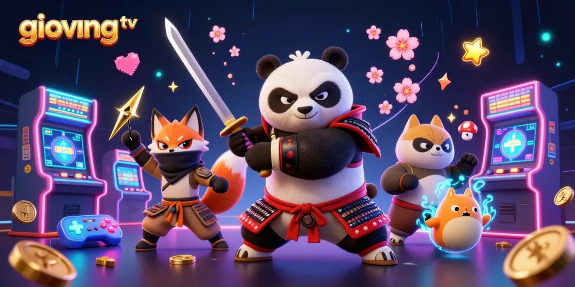 Experience thrilling gameplay with giovang tv as a samurai panda battles alongside a fox in this vibrant gambling scene.