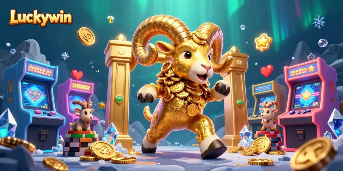 Experience the excitement of Luckywin with a dynamic casino scene featuring golden ram characters amidst a vibrant gaming landscape.