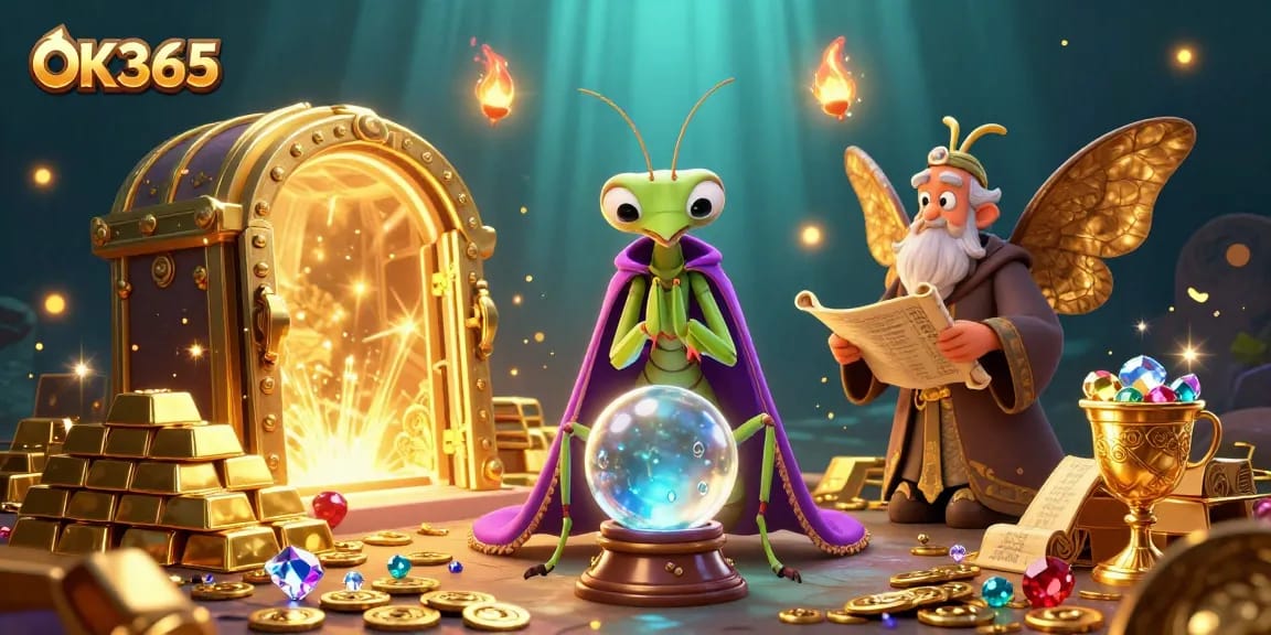 Spin and win with OK365's mystical casino fortune teller scene filled with treasures!