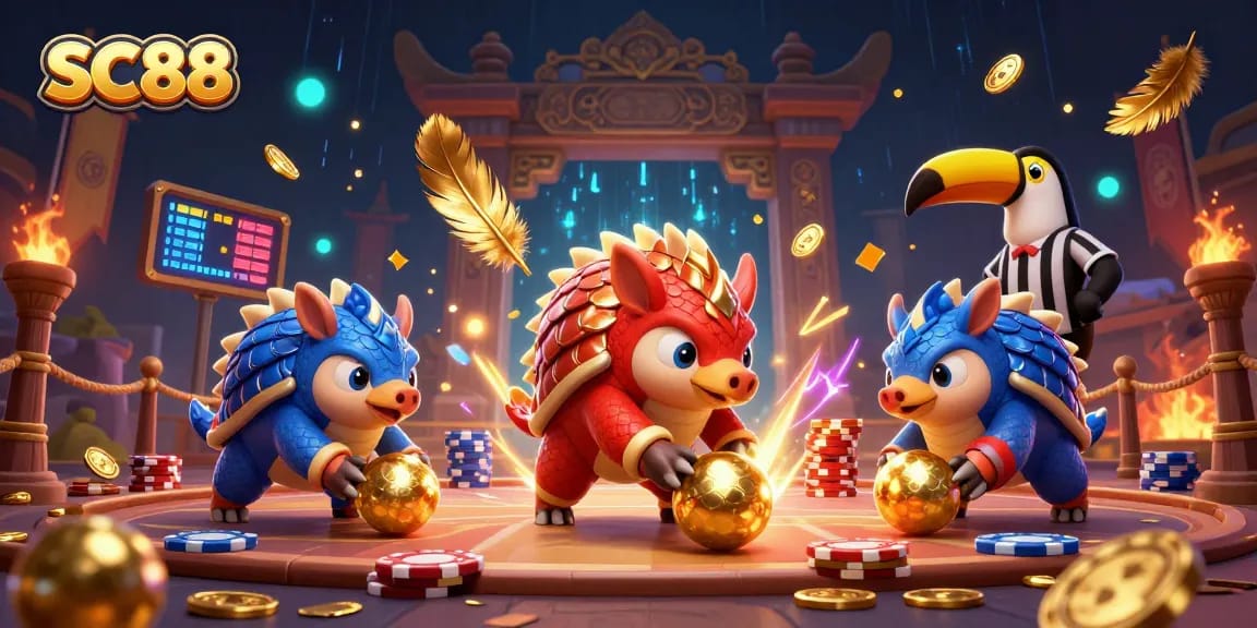 Engage in thrilling action with SC88, where rival pangolins bowl through poker chips in a vibrant casino environment.