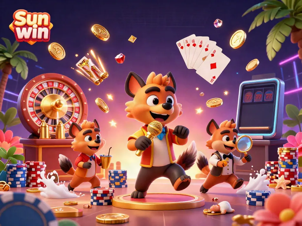 Experience the excitement of Sun win with captivating casino characters and vibrant game elements in this lively illustration.