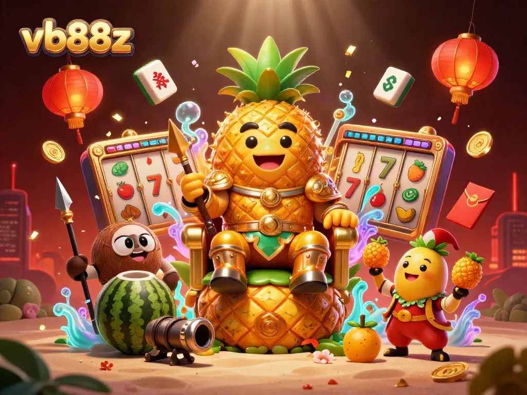 Engage in the world of vb88z with a vibrant 3D casino scene featuring a pineapple king, jackpot symbols, and lively characters.