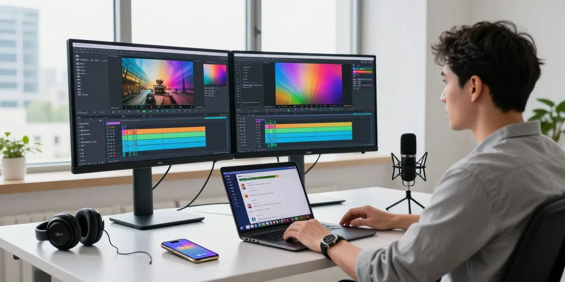 A content creator using a video to prompt converter tool in a modern tech workspace, surrounded by editing screens and creative equipment.