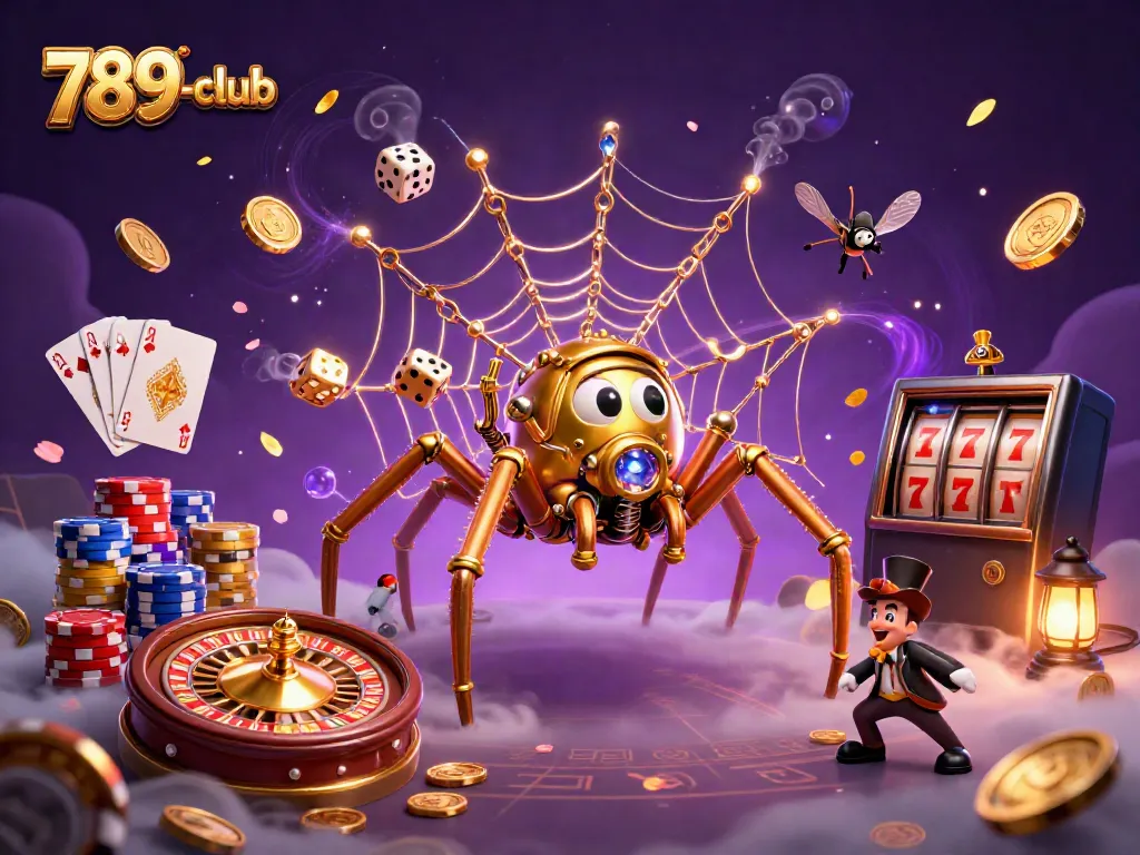 A vibrant scene showcasing the 789-club golden spider and Victorian gentleman in an energetic casino atmosphere, surrounded by dynamic gaming elements.