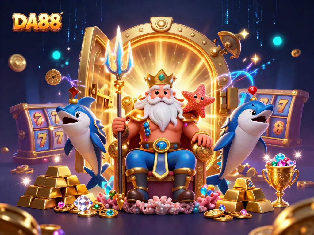 Spin and win at DA88 featuring Neptune and treasures in a vibrant casino setting.