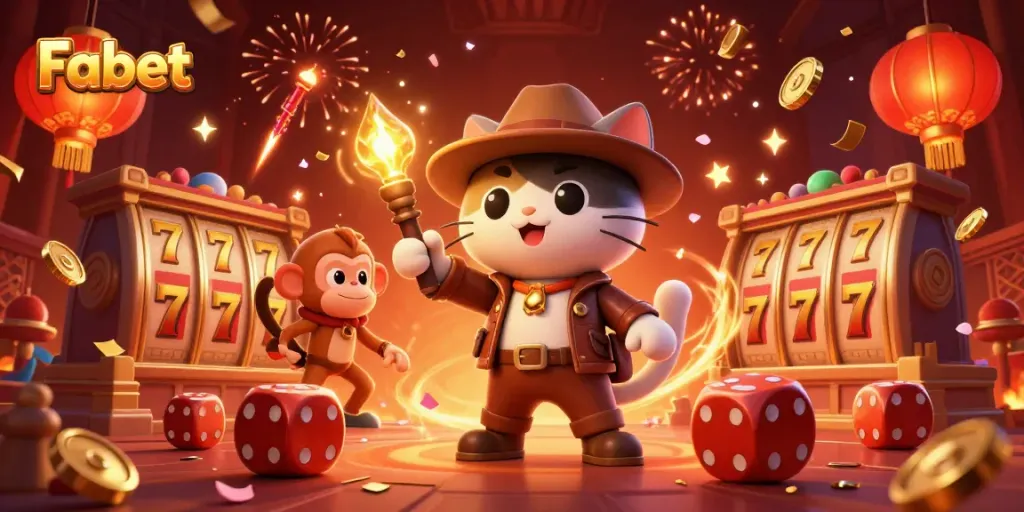 Engage with Fabet's thrilling casino adventure featuring cartoon explorers, ancient traps, and vibrant casino elements.