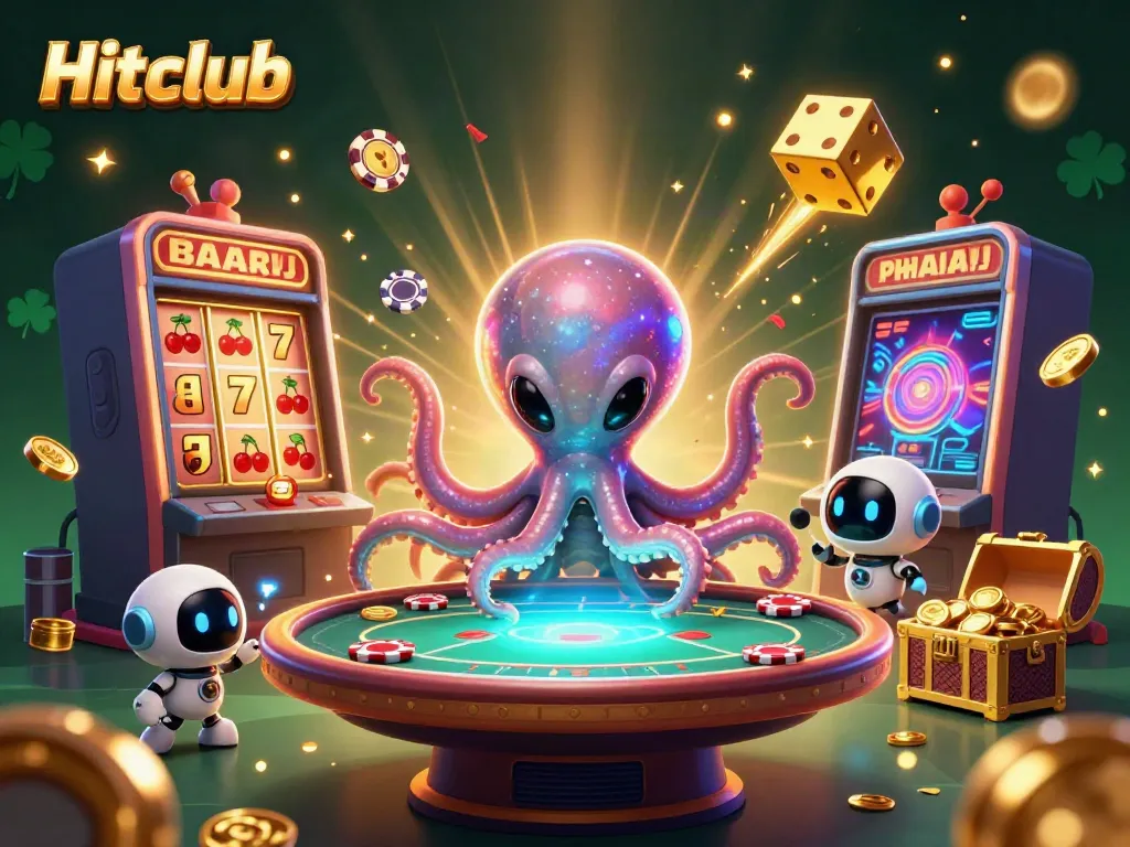 Experience gaming adventures at Hitclub with an alien octopus and treasure-filled slot machines.
