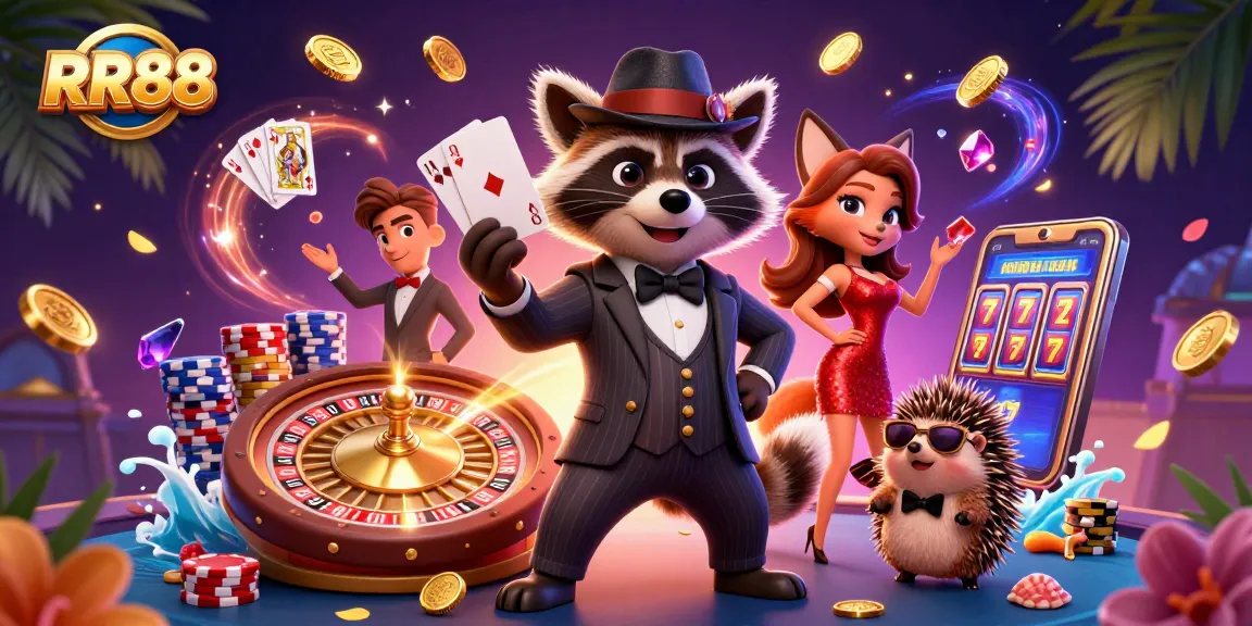 RR88 casino scene with a raccoon, fox, and hedgehog showcasing exciting gaming elements and vibrant visuals.
