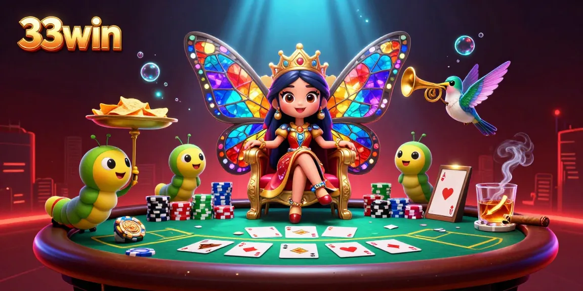 Engage in thrilling poker action with 33win's vibrant 3D casino illustration featuring a butterfly queen.