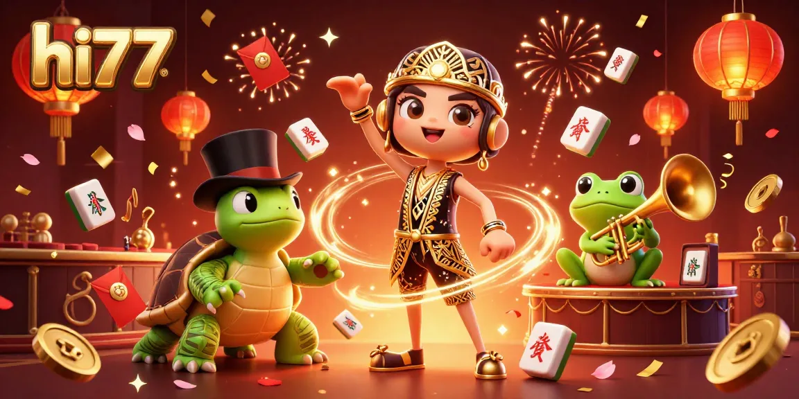 Immerse in excitement at hi77 with vibrant visuals featuring a 3D crane, turtle and frog in a lively casino setting.