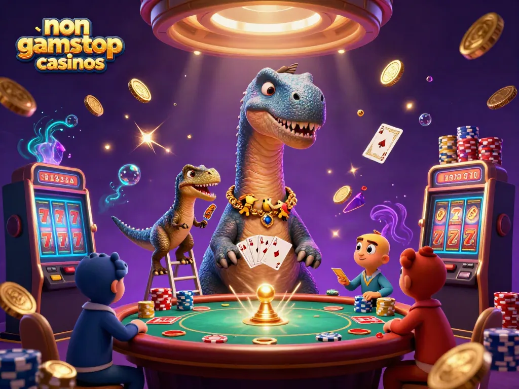 Experience the thrilling scene at non gamstop casinos with a towering brontosaurus and casino action below.