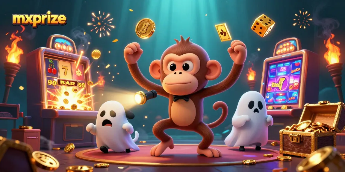 Experience mxprize's thrilling casino atmosphere where a mischievous monkey juggles golden treasures amidst excitement.