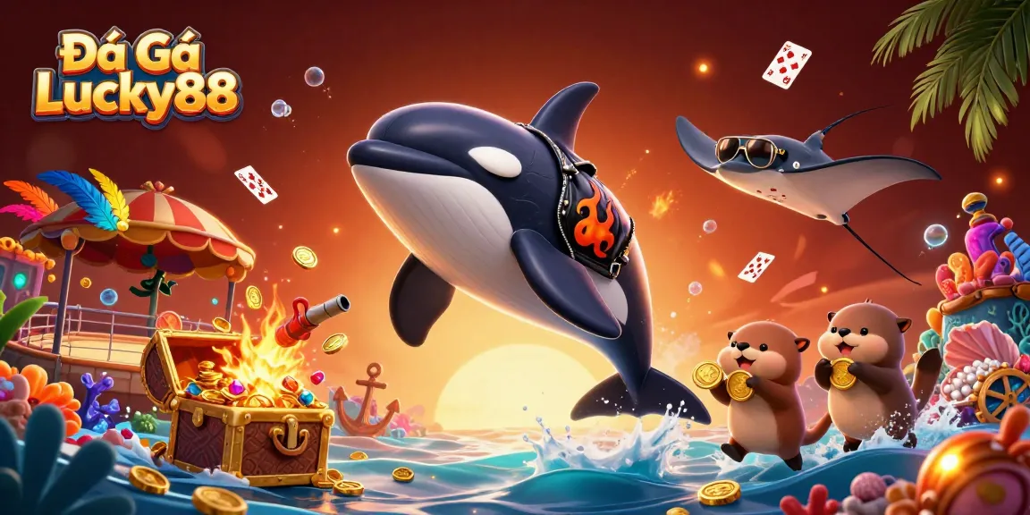 Engage in exciting Đá Gà Lucky88 action as characters playfully interact with vibrant gambling elements.