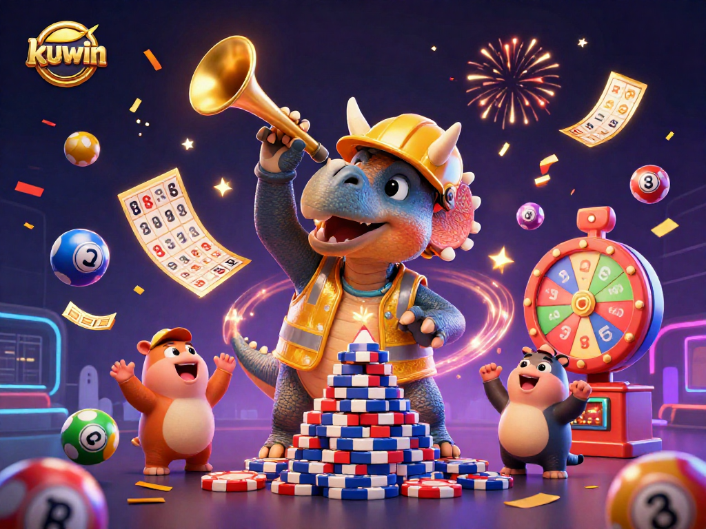 Kuwin offers exciting gambling experiences as a fun dinosaur character builds poker chip pyramids.