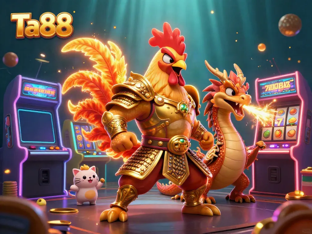 Experience thrilling gambling action at Ta88 with a cartoon rooster and dragon amidst vibrant casino elements.