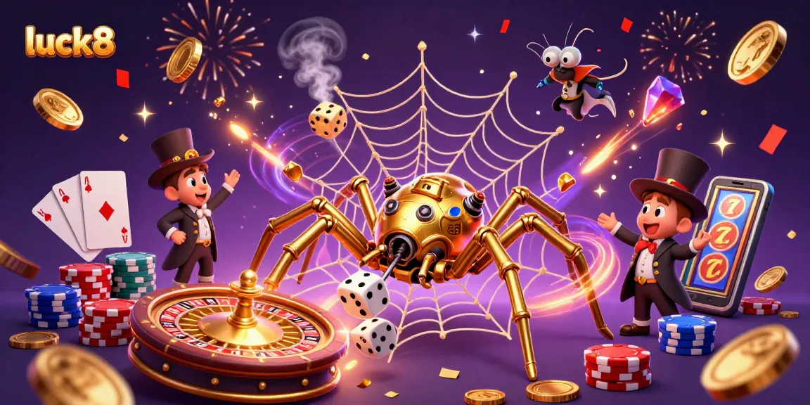 Engage with luck8 in a vibrant 3D casino art featuring a steampunk spider, poker elements, and winning symbols.