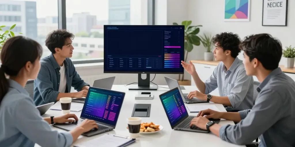 Team of SEO specialists collaborating on instant indexing strategies in a modern office.