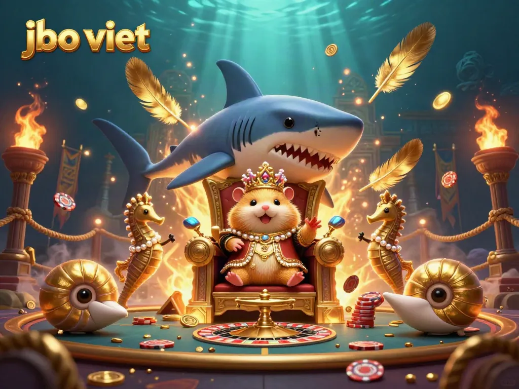 Experience jbo viet with a dynamic casino scene showcasing a golden hamster king, seahorse guards, and gambling elements.