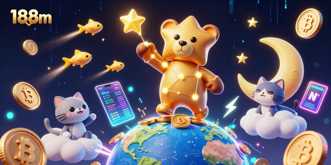 Engage with 188m and explore a vibrant digital casino world filled with coins and shooting stars.