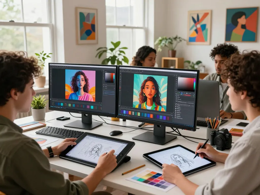Diverse artists collaborating in an inspiring studio using nano banana flash for creative image editing.