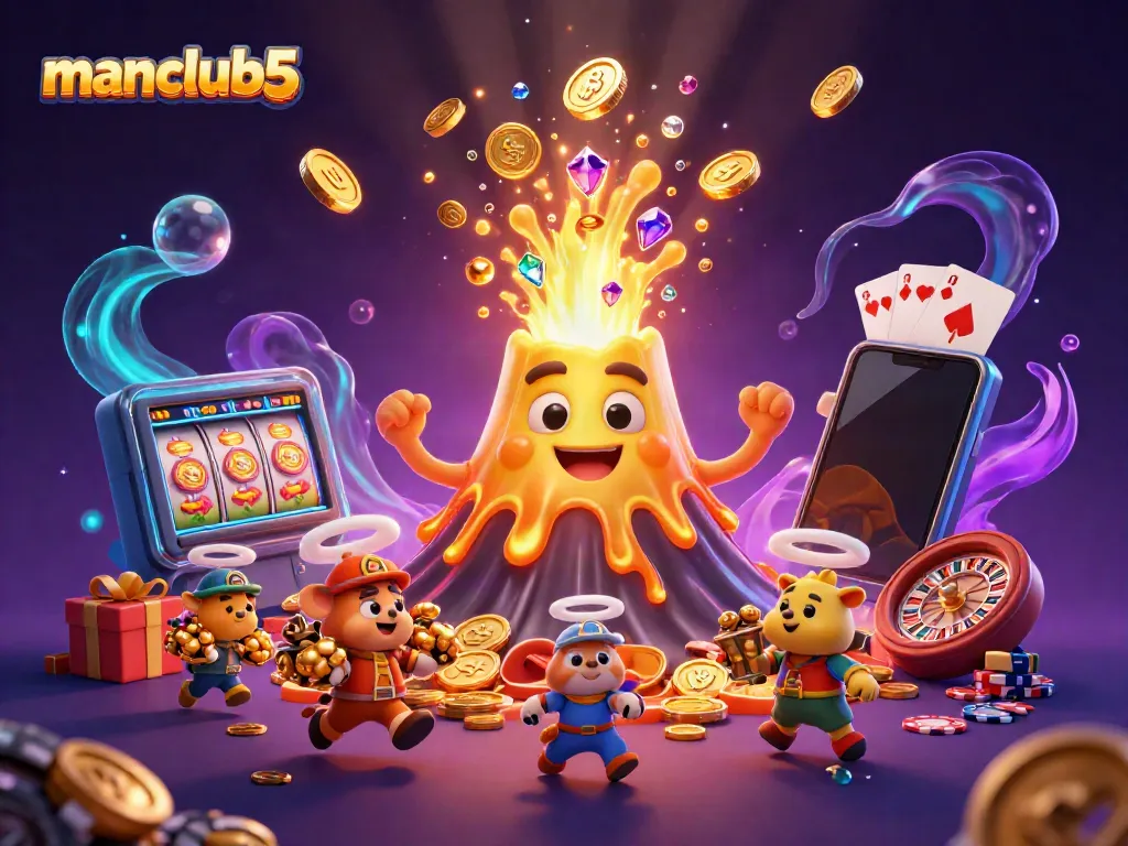 Experience the excitement of manclub5 with a thrilling golden volcano erupting coins and treasure.