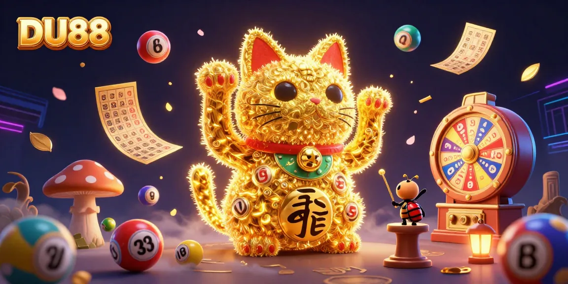 Experience the excitement of DU88 with a dynamic illustration of a lucky cat and colorful lottery elements.