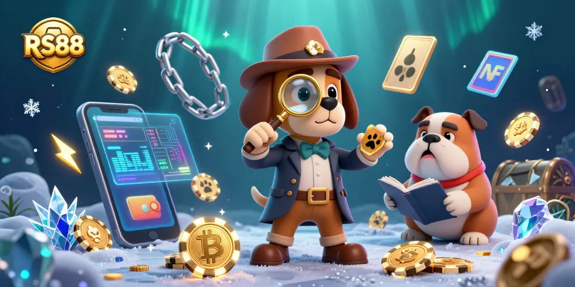 RS88 showcases a detective dog uncovering poker clues amidst cryptocurrencies, symbolizing online betting excitement.