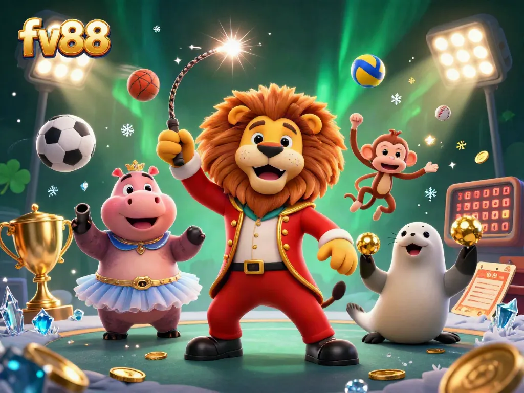 Engage with fv88 online casino, featuring a lively 3D scene with animated characters and dynamic gaming elements.
