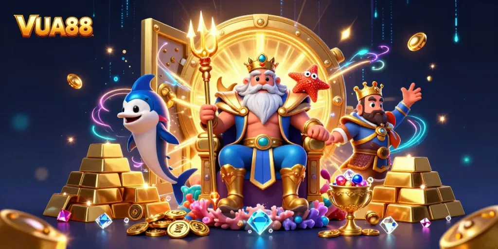 Engage with VUA88's vibrant casino scene featuring Neptune and treasures in dazzling detail.
