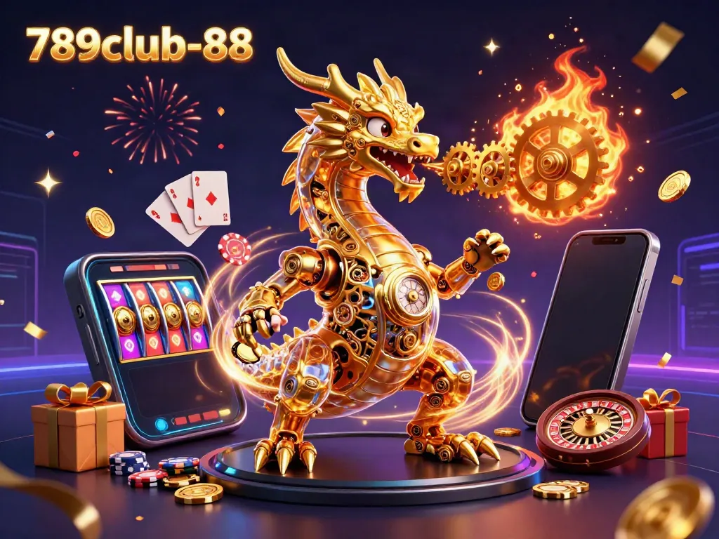 Experience the excitement of 789club-88 with a dynamic 3D scene of a golden dragon and gaming elements.