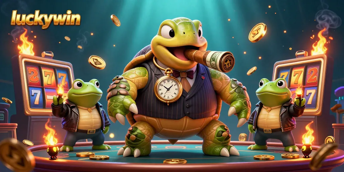 Win big at LuckyWin with dynamic slots reels and a charming mobster turtle.