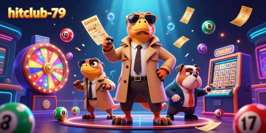 Experience the thrill at hitclub-79 with exciting lottery elements and playful raptor characters.