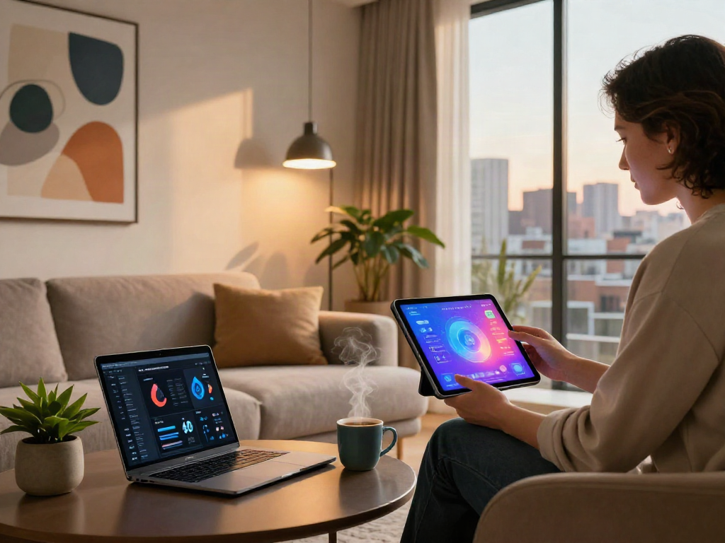 Engaging with 18+ ai device in a stylish urban apartment.