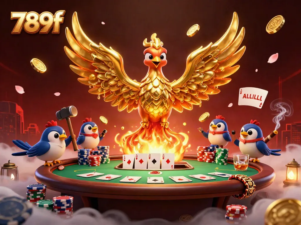 Experience the thrill of poker with 789f's stunning illustration of a molten phoenix and dynamic gaming elements.