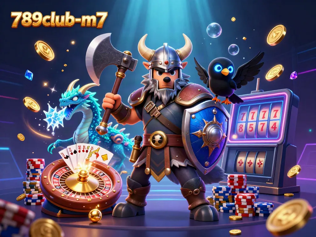 Experience thrilling action at 789club-m7 with a Viking warrior, dragon, and casino treasures.