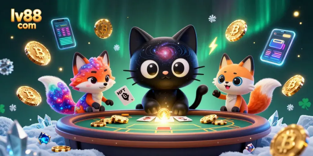 Experience thrilling gameplay at lv88 com with cosmic cat and fox, digital coins, and vibrant casino elements.