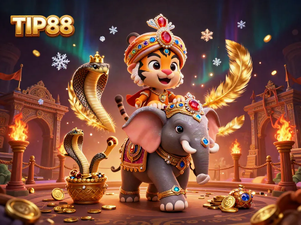 Engage in thrilling gameplay with TIP88, featuring a vibrant 3D scene of a maharaja tiger, elephant, and a cobra.