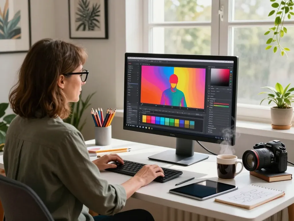 A digital artist using the nano banana AI image editor in a creative workspace filled with art supplies and natural light.