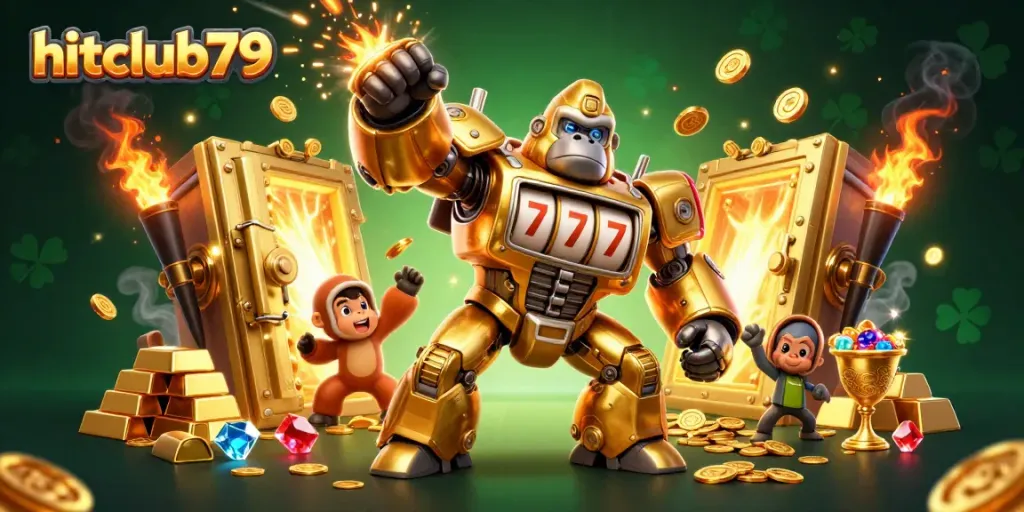 Experience the excitement of hitclub79 with a dynamic 3D illustration of a slot machine mech and treasure elements.