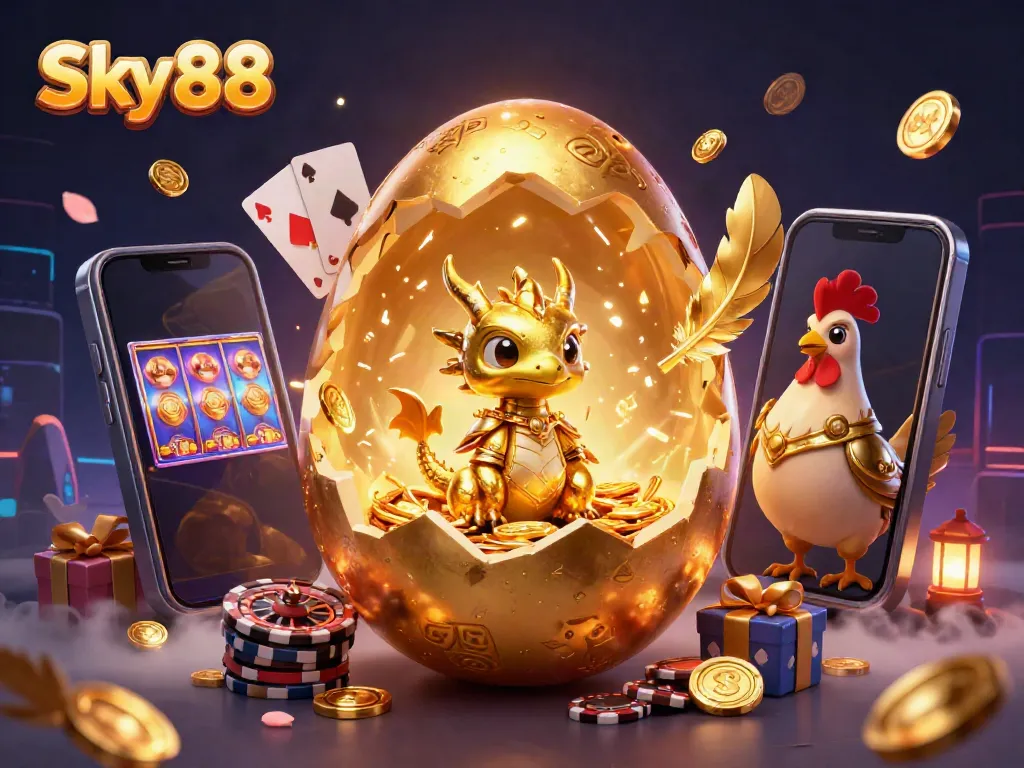 Experience thrilling excitement with Sky 88 as a baby dragon emerges from a golden egg amidst vibrant gaming elements.