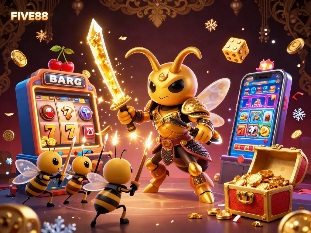 Experience the excitement of FIVE88 with a buzzing casino scene filled with slot machines and vibrant game elements.