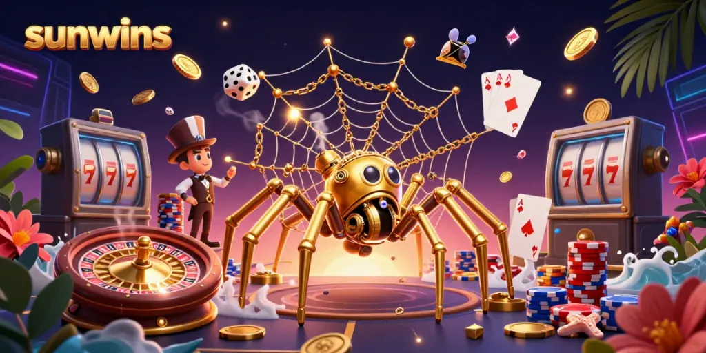 Catch winning vibes at sunwins with a dynamic scene capturing a steampunk spider and dice in a vibrant casino.