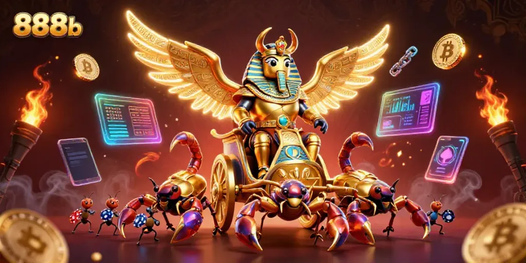Engage in thrilling games at 888b with a spectacular 3D casino illustration featuring vibrant characters.